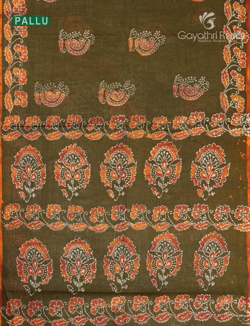 Cotton Batik Print Saree in Deep Mehendi Green