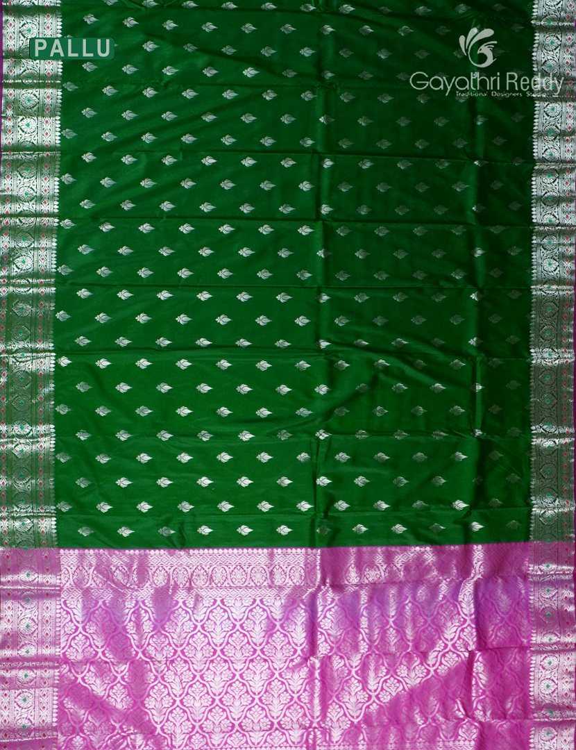 Semi Banaras Katan Silk Saree in Green and Pink