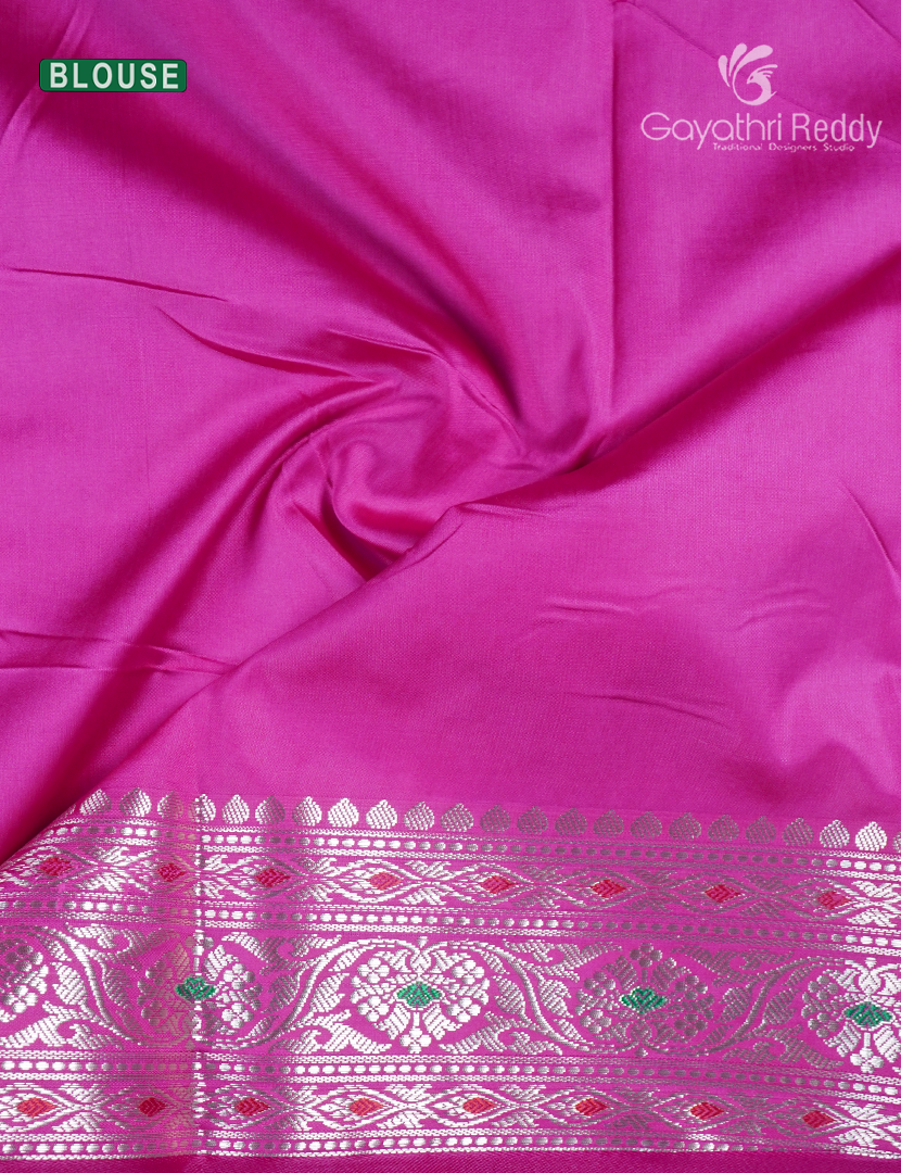 Semi Banaras Katan Silk Saree in Green and Pink