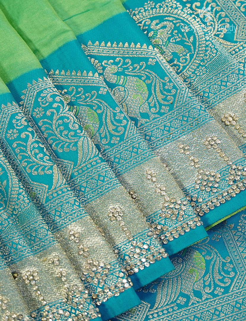 Semi Kanchipuram Silk Fancy Saree in Apple Green and Aqua Blue