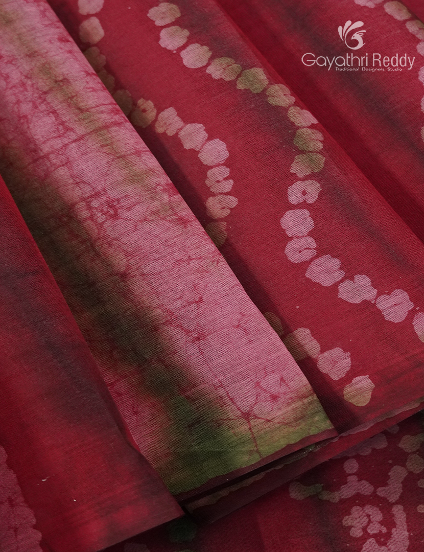 Cotton Batik Print Saree in Red and Baby Pink