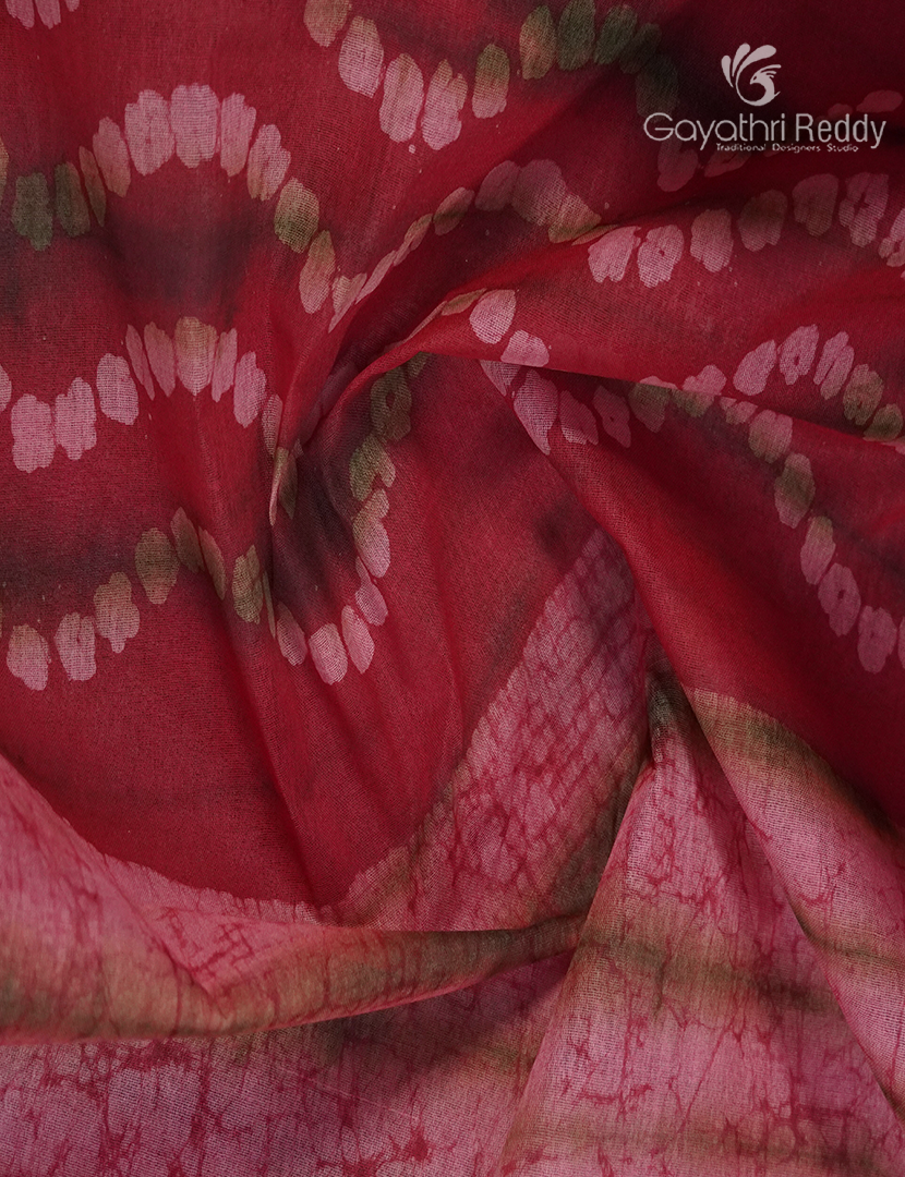 Cotton Batik Print Saree in Red and Baby Pink