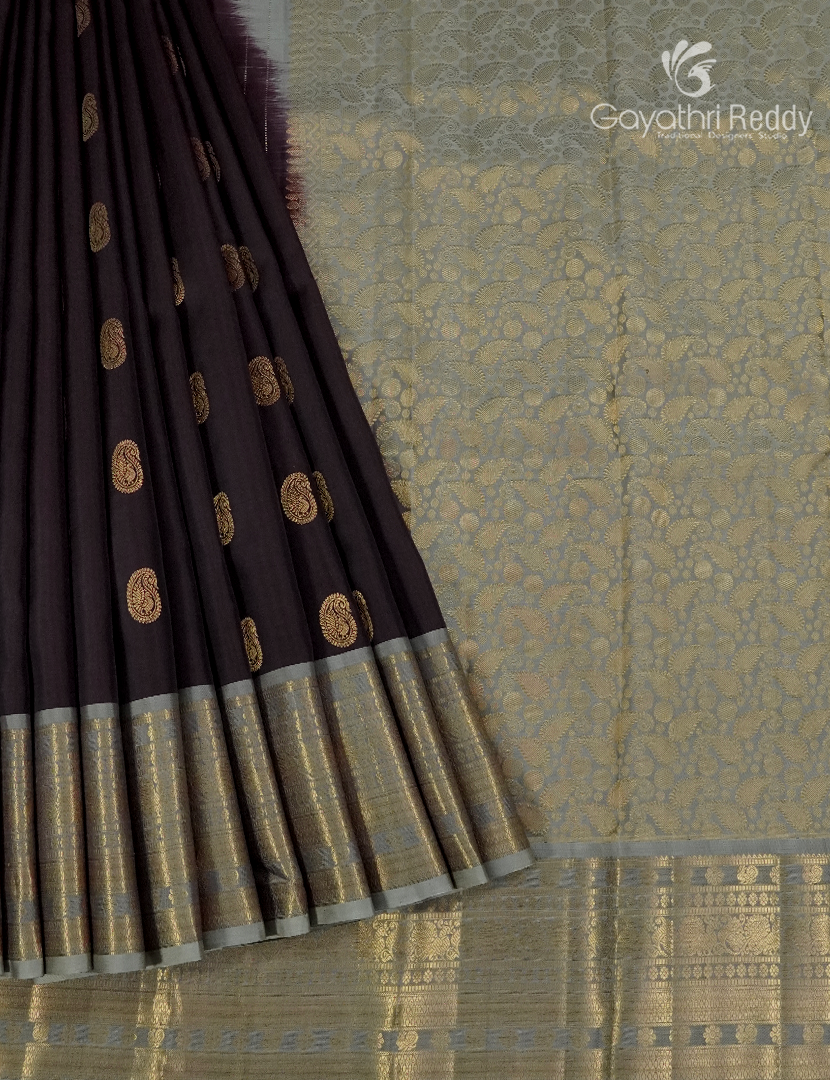 Pure Kanchipuram Silk Saree in Deep Brown and Ash Grey(Broad Borders )