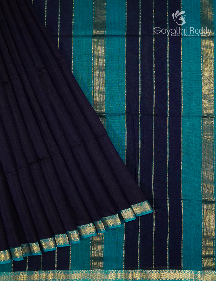 Pure Chanderi Sico Saree in Black and Peacock Blue