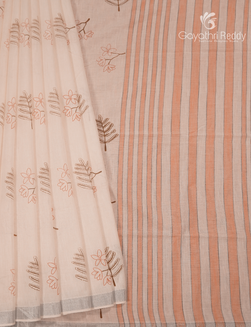 Pure Kanchi Cotton Printed Saree in Ivory and Peach