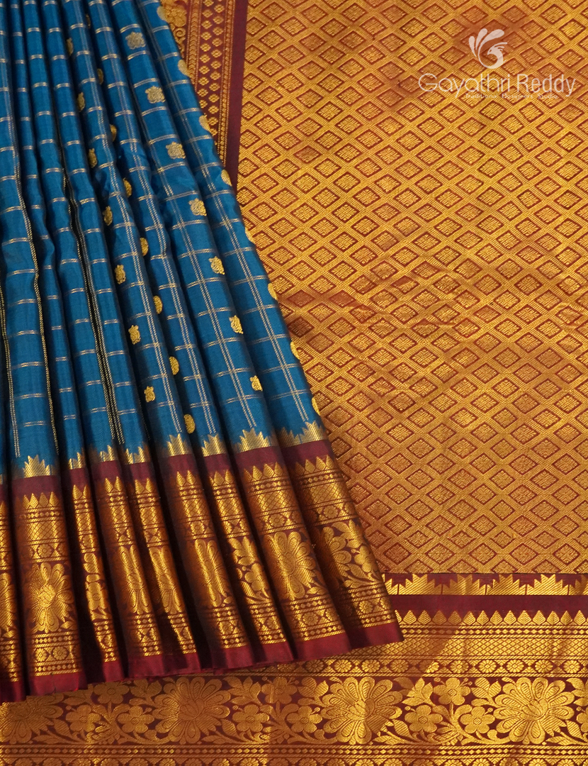 Pure Gadwal Silk Saree in Deep Peacock Blue and Maroon