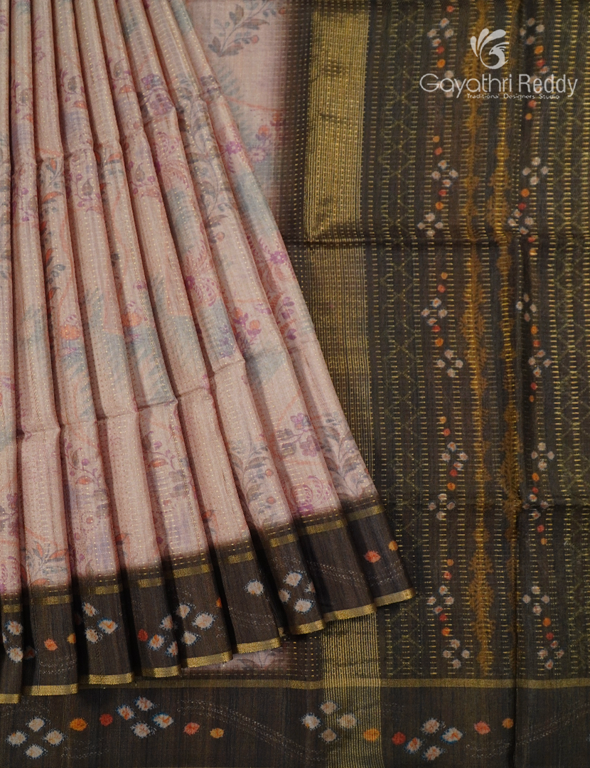 Semi Tussar Saree in Pastel Peach and Brown