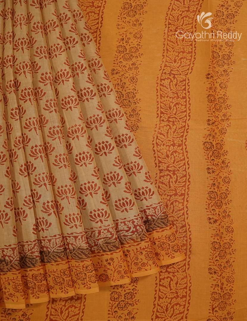 Cotton Batik Print Saree in Light Mustard and Turmeric