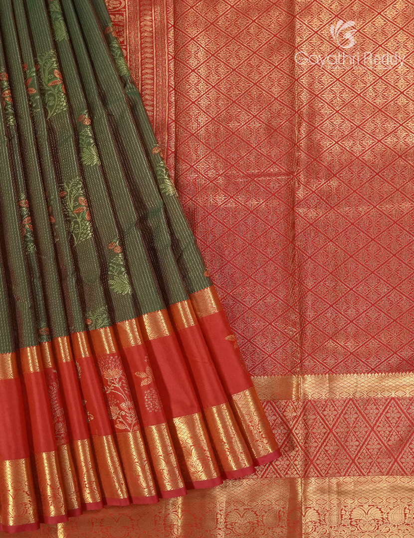 Semi Kanchipuram Silk Saree in Olive Green and Red
