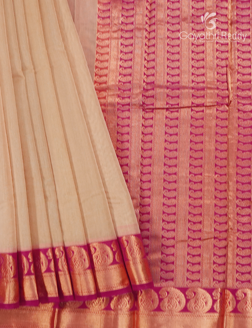 Pure Kanchi Sico Saree in Golden Cream and Rani Pink