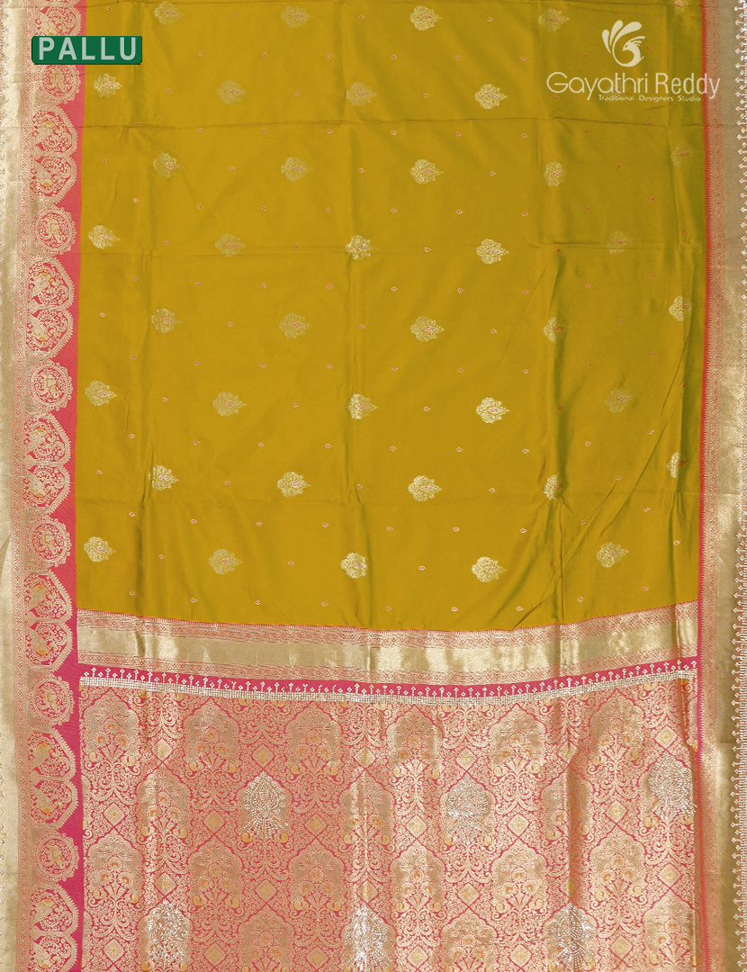 Semi Kanchipuram Silk Fancy Saree in Dry Mehendi Green and Deep Rani Pink