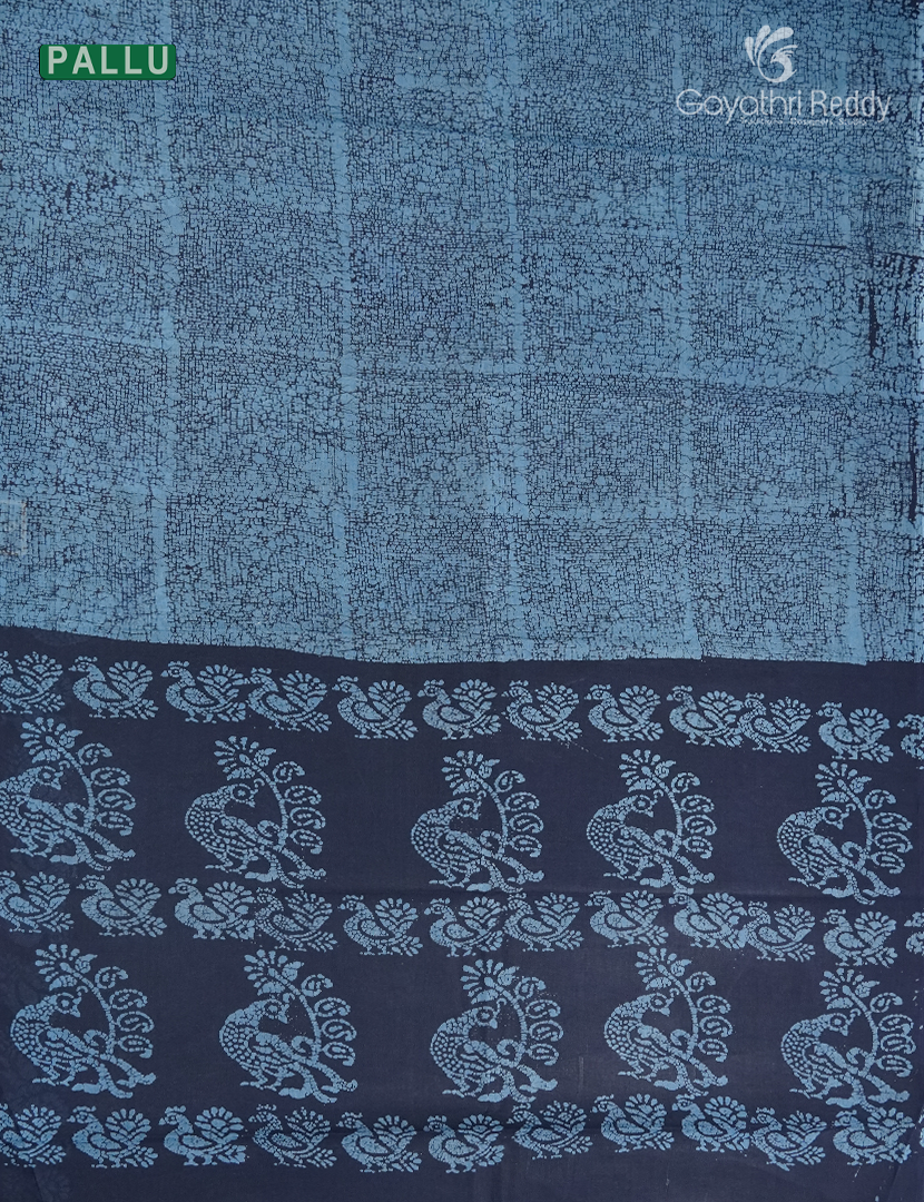 Cotton Batik Print Saree in Powder Grey and Navy Blue