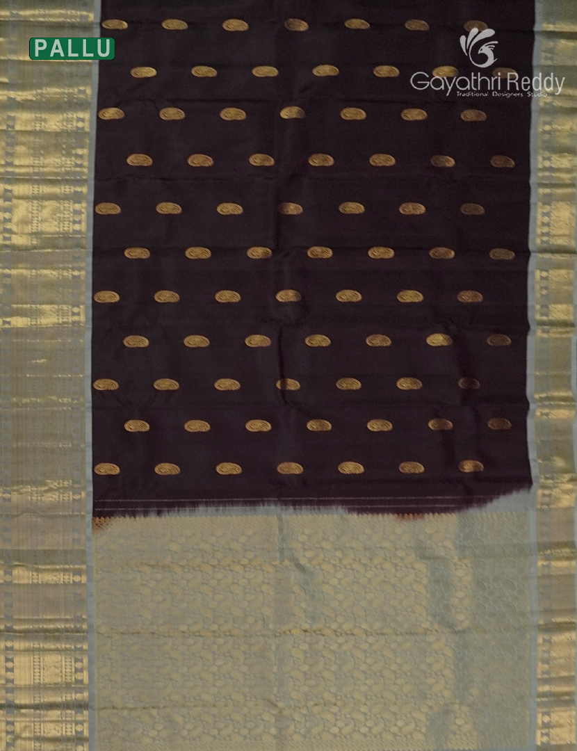 Pure Kanchipuram Silk Saree in Deep Brown and Ash Grey(Broad Borders )