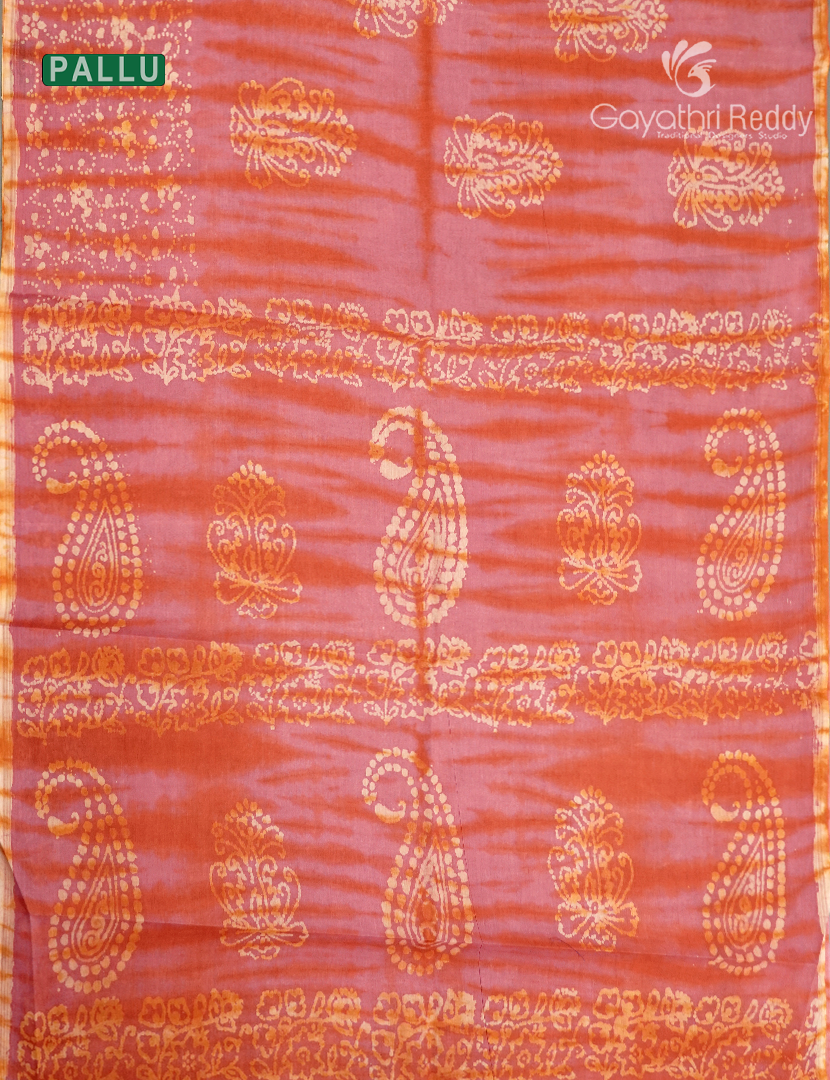Cotton Batik Print Saree in Peach and Orange