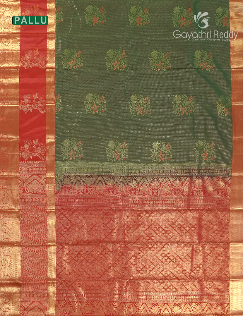 Semi Kanchipuram Silk Saree in Olive Green and Red