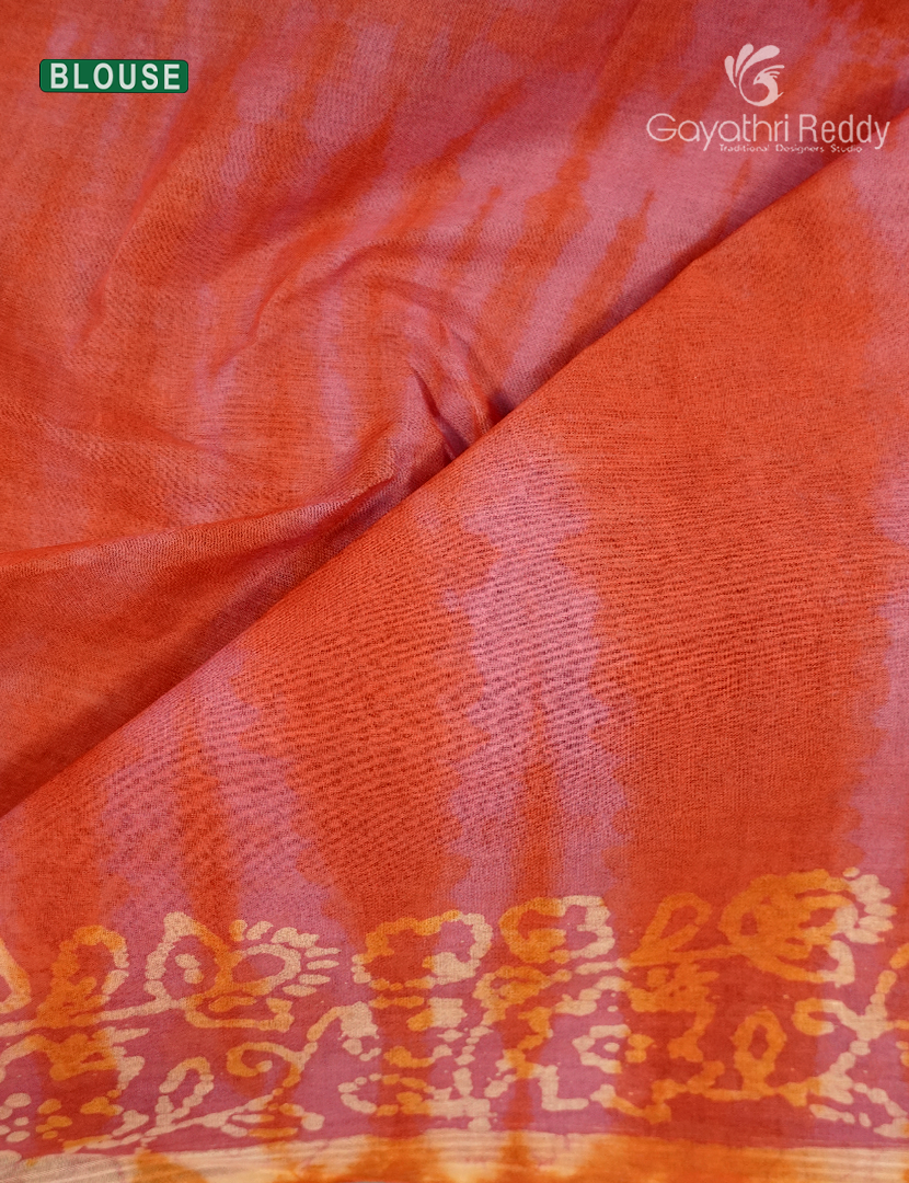 Cotton Batik Print Saree in Peach and Orange