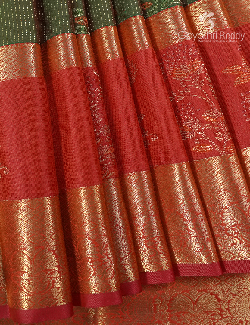Semi Kanchipuram Silk Saree in Olive Green and Red
