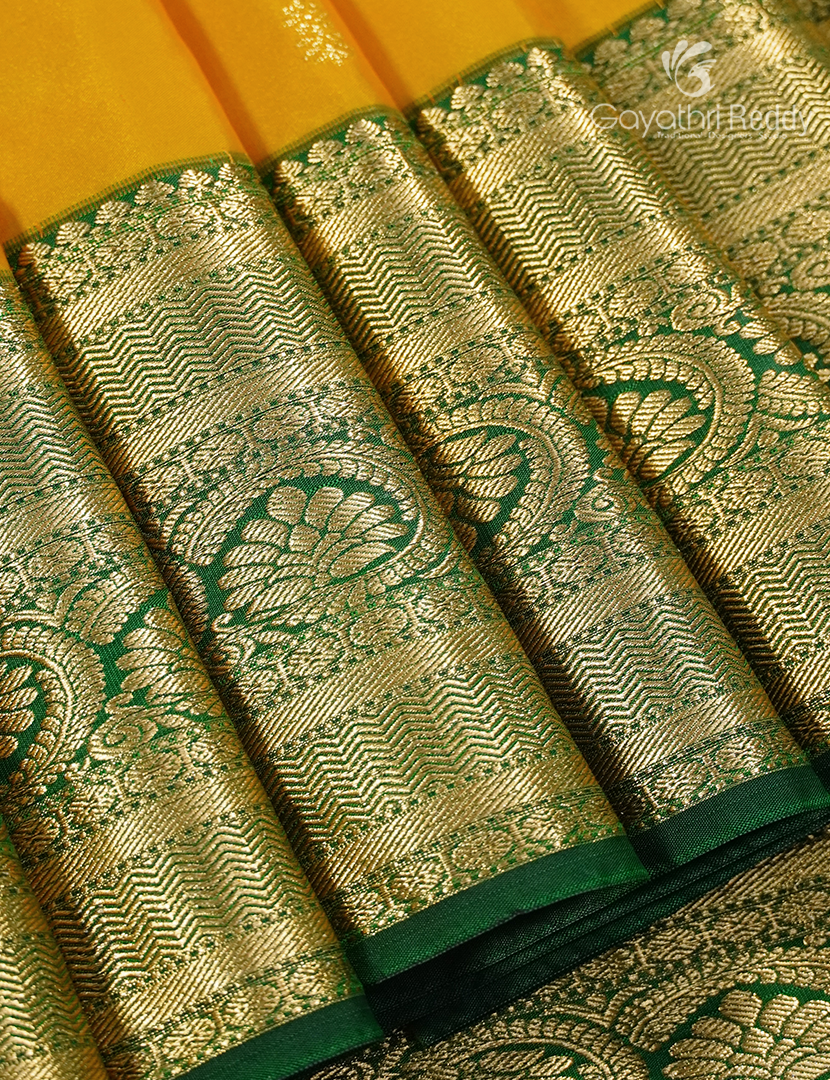 Semi Kanchipuram Silk Saree in Mango Yellow and Bottle Green
