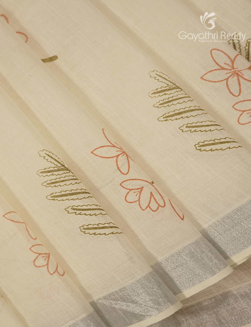 Pure Kanchi Cotton Printed Saree in Ivory and Peach
