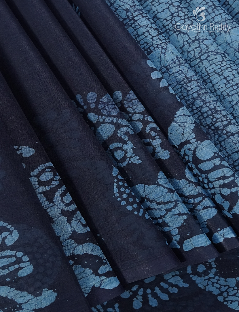 Cotton Batik Print Saree in Powder Grey and Navy Blue