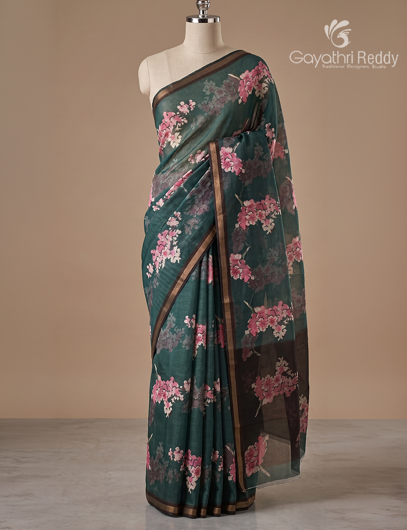 Premium Quality Cotton Kota Saree in Deep Peacock Green and Black