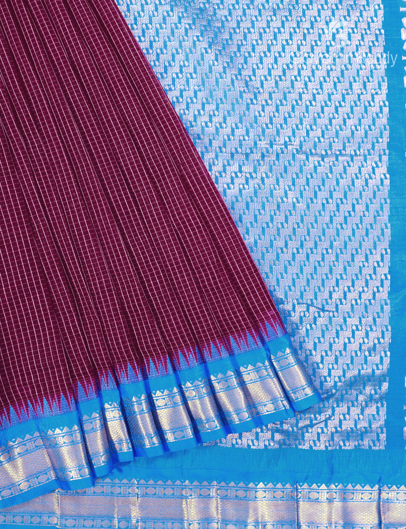 Pure Gadwal Cotton Saree in Burgundy and Sky Blue