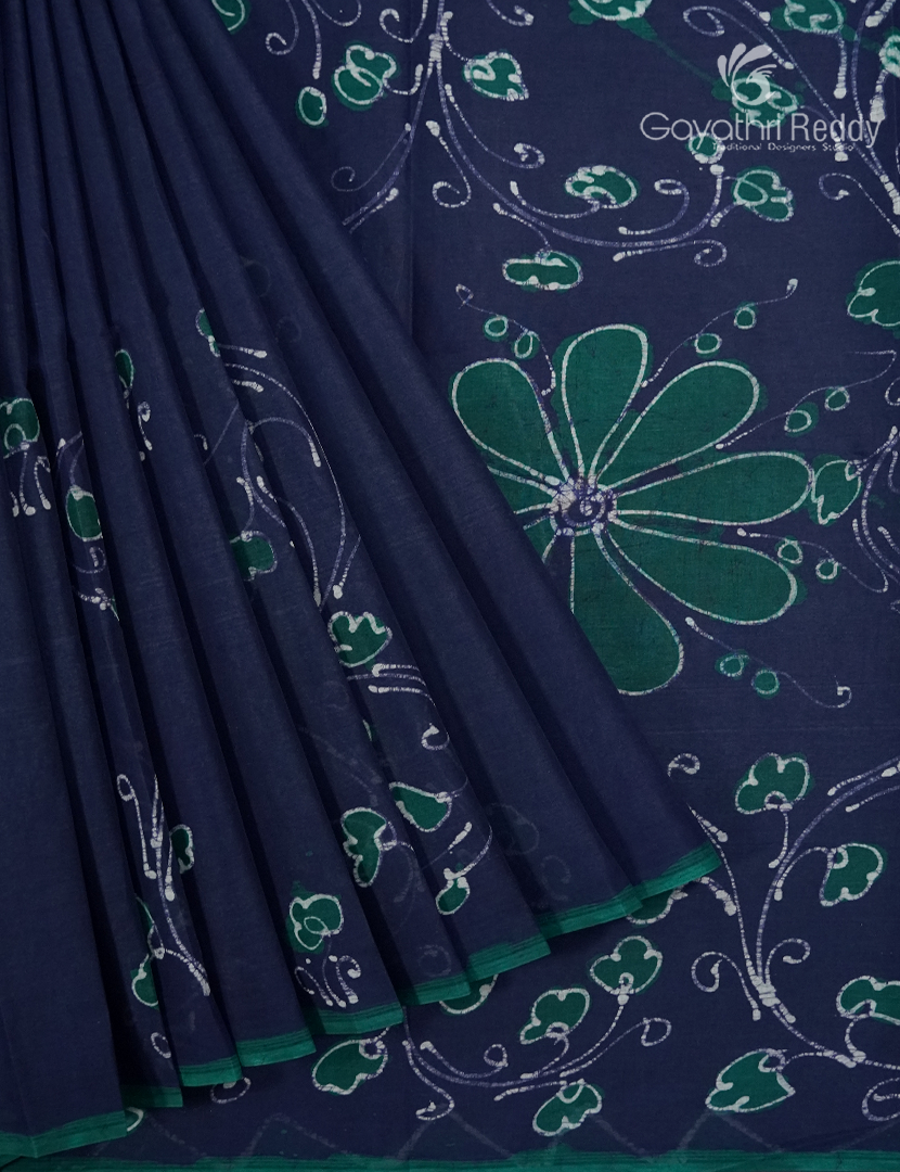 Cotton Batik Print Saree in Navy Blue