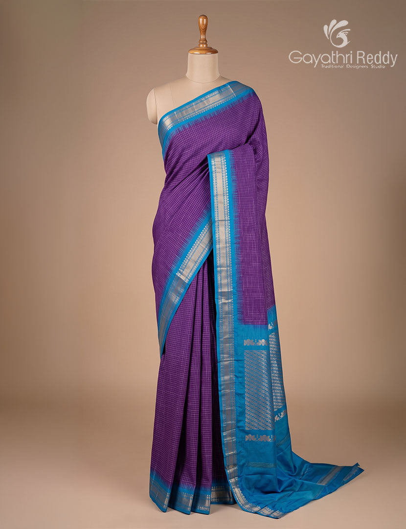 Pure Gadwal Cotton Saree in Deep Purple and Sky Blue