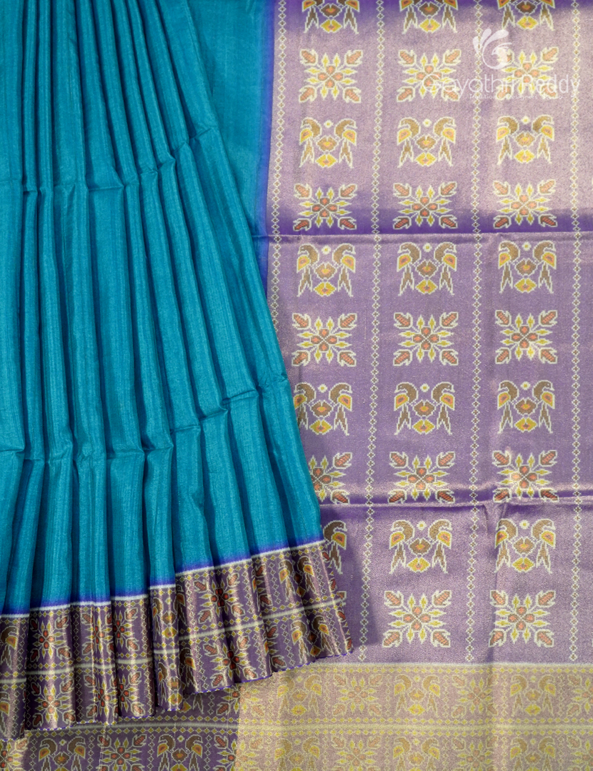 Semi Tussar Saree in Peacock Blue and Grey