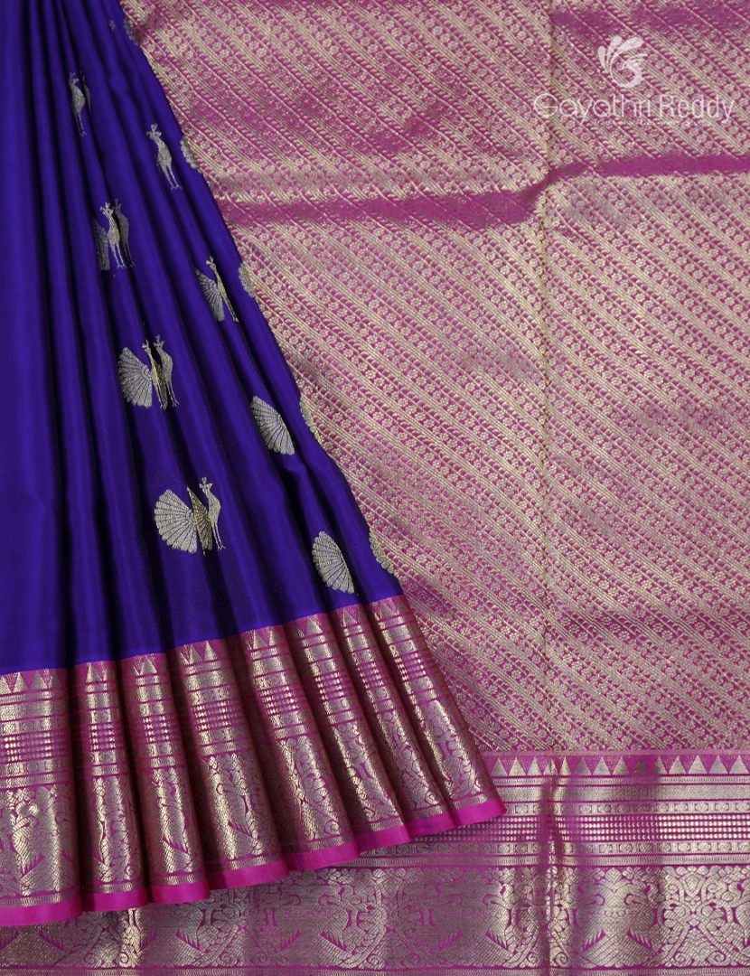Pure Venkatagiri Silk Saree in Deep Blue and Deep Magenta