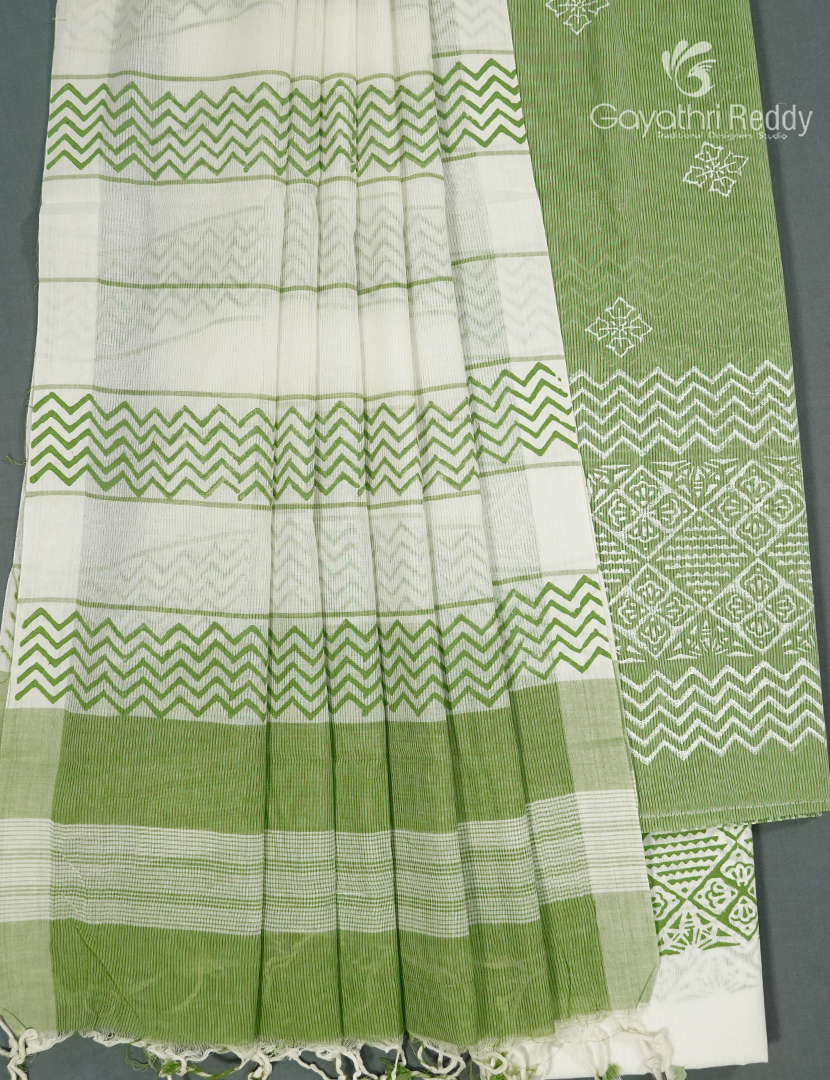 Cotton Dress Material in Pista Green and Cream