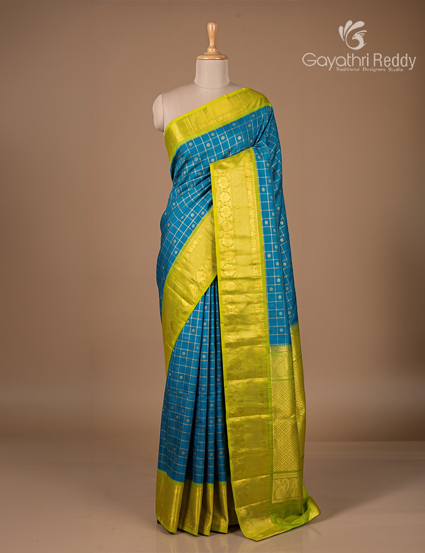 Pure Gadwal Silk Saree in Deep Peacock Green and Mehendi Green
