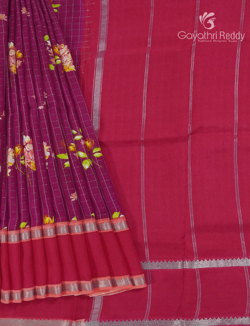 Mangalgiri Printed Saree in Magenta and Rani Pink
