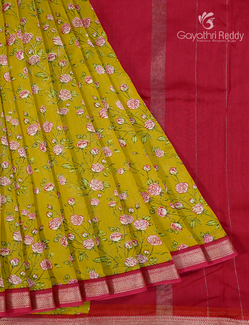 Pure Maheshwari Silk Saree in Mustard and Berry Red