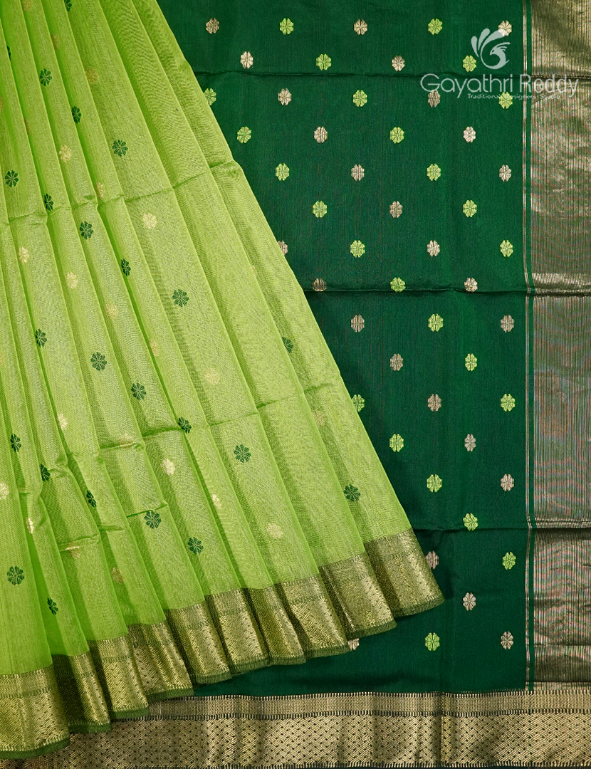 Pure Chanderi Sico Saree in Pista green and Dark Green