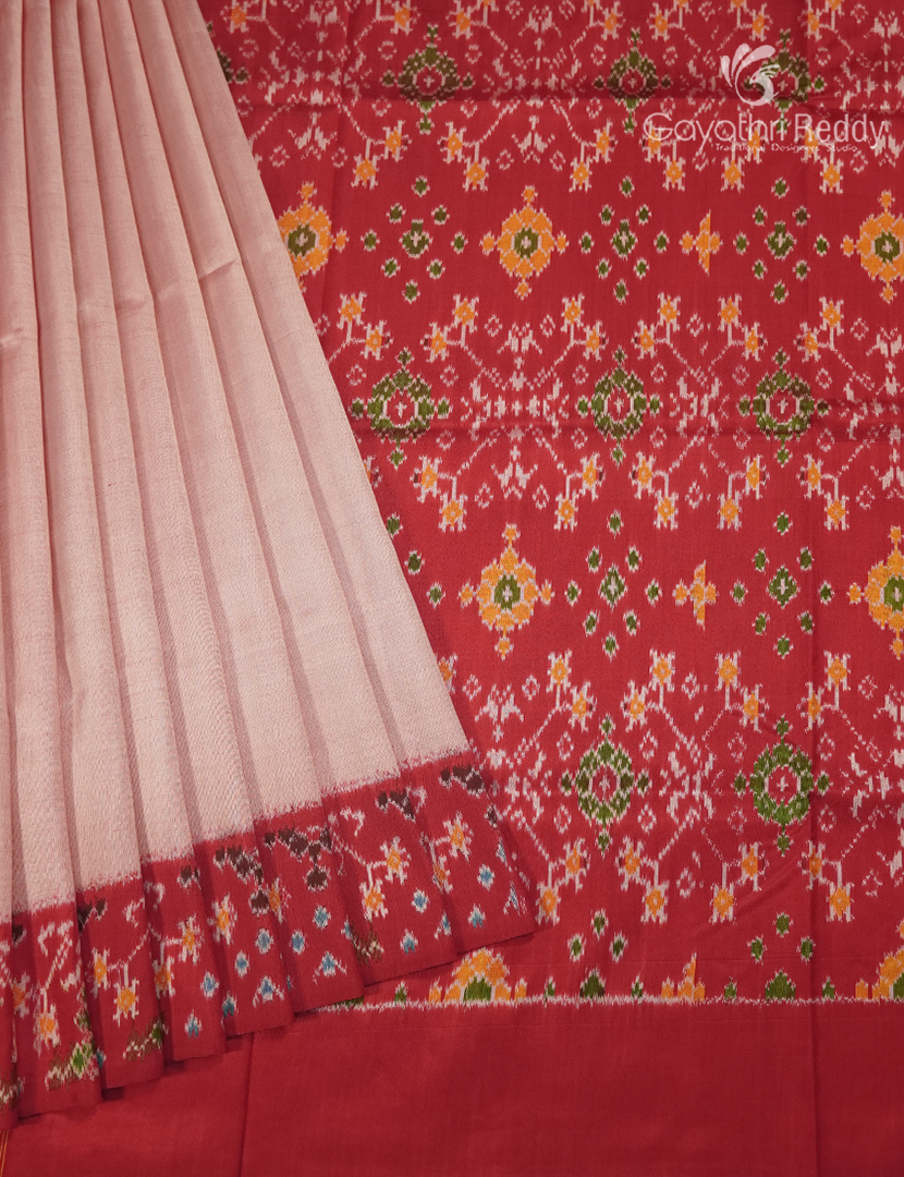 Pure Ikat Silk Saree in Peach and Red