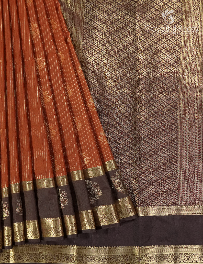Semi Kanchipuram Silk Saree in Rust Orange and Brown