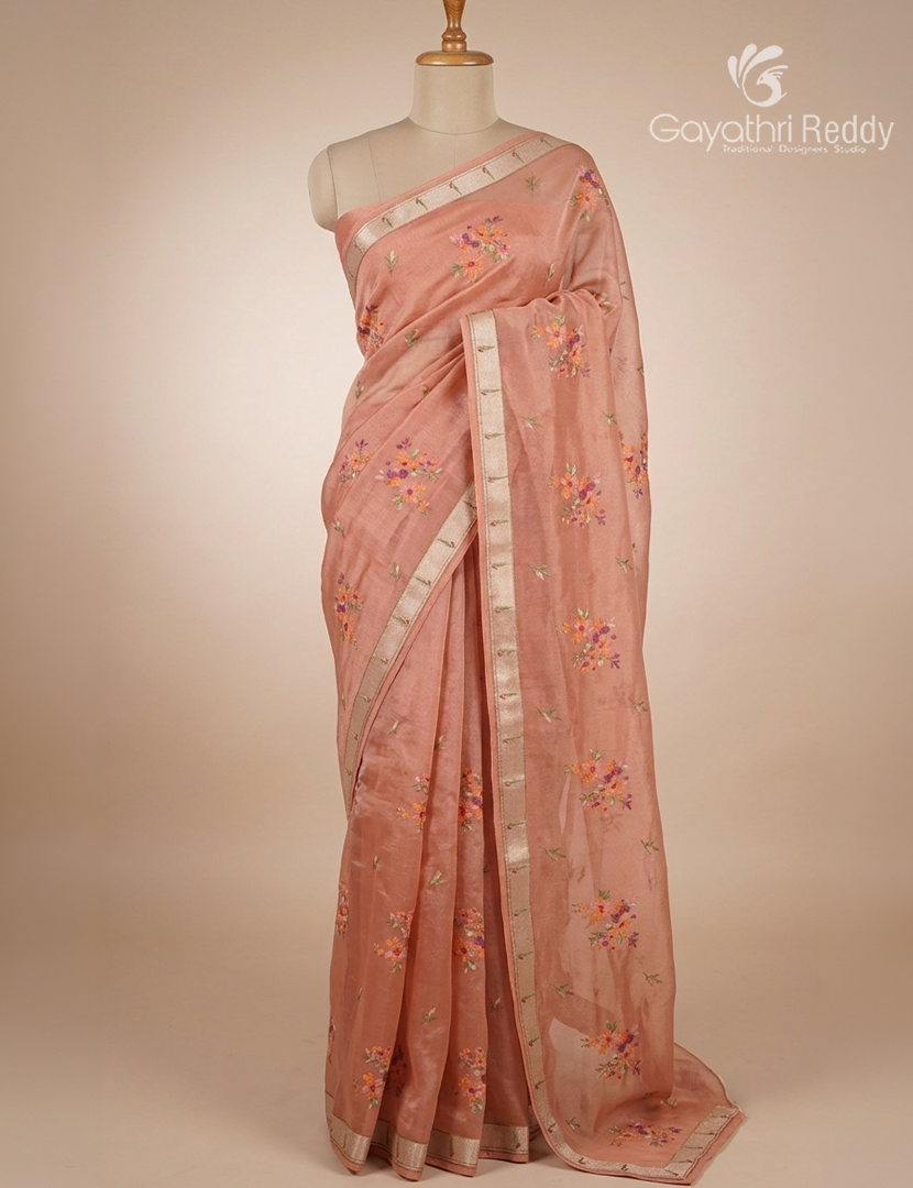 Organza Fancy Saree in Coral Peach