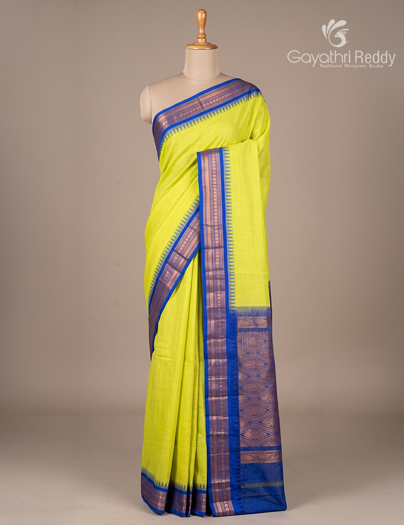 Pure Gadwal Cotton Saree in Lime Yellow and Royal Blue