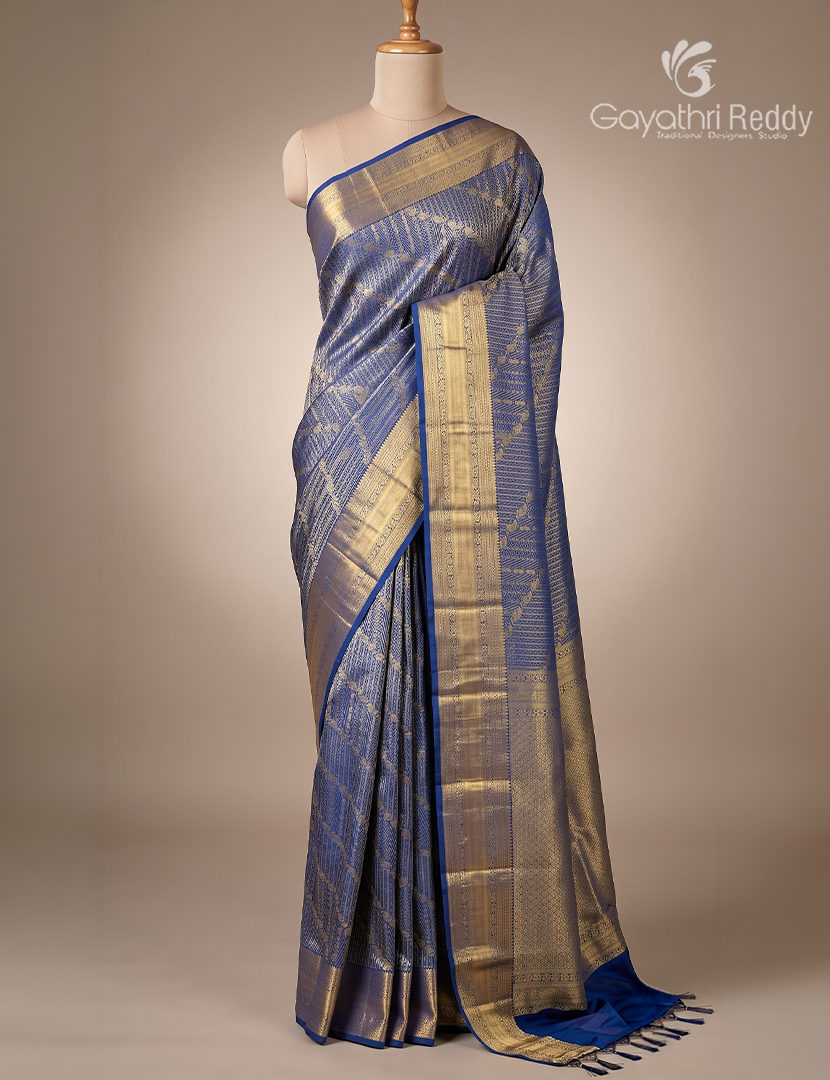 Pure Kanchipuram Vintage Silk Saree in Deep Blue