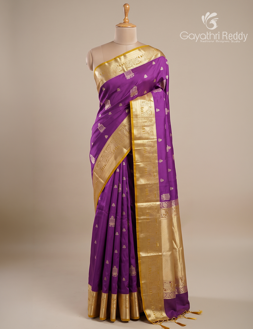 Soft Silk Saree in Deep Purple and Dry Mehendi