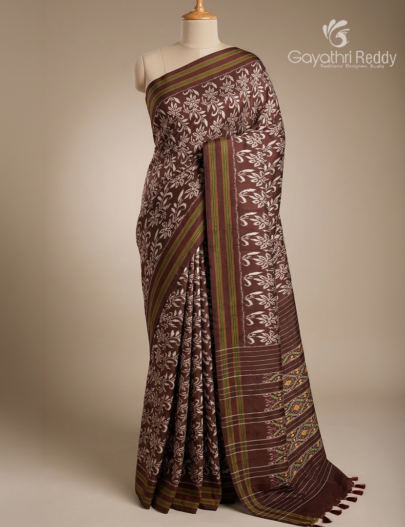Pure Ikat Silk Saree in Brown