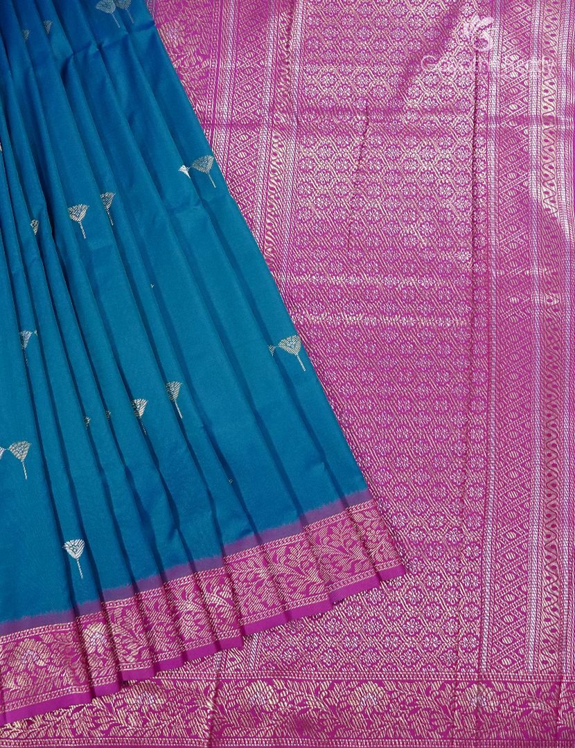 Semi Kanchipuran Silk Saree in Deep Rama Blue and Pink
