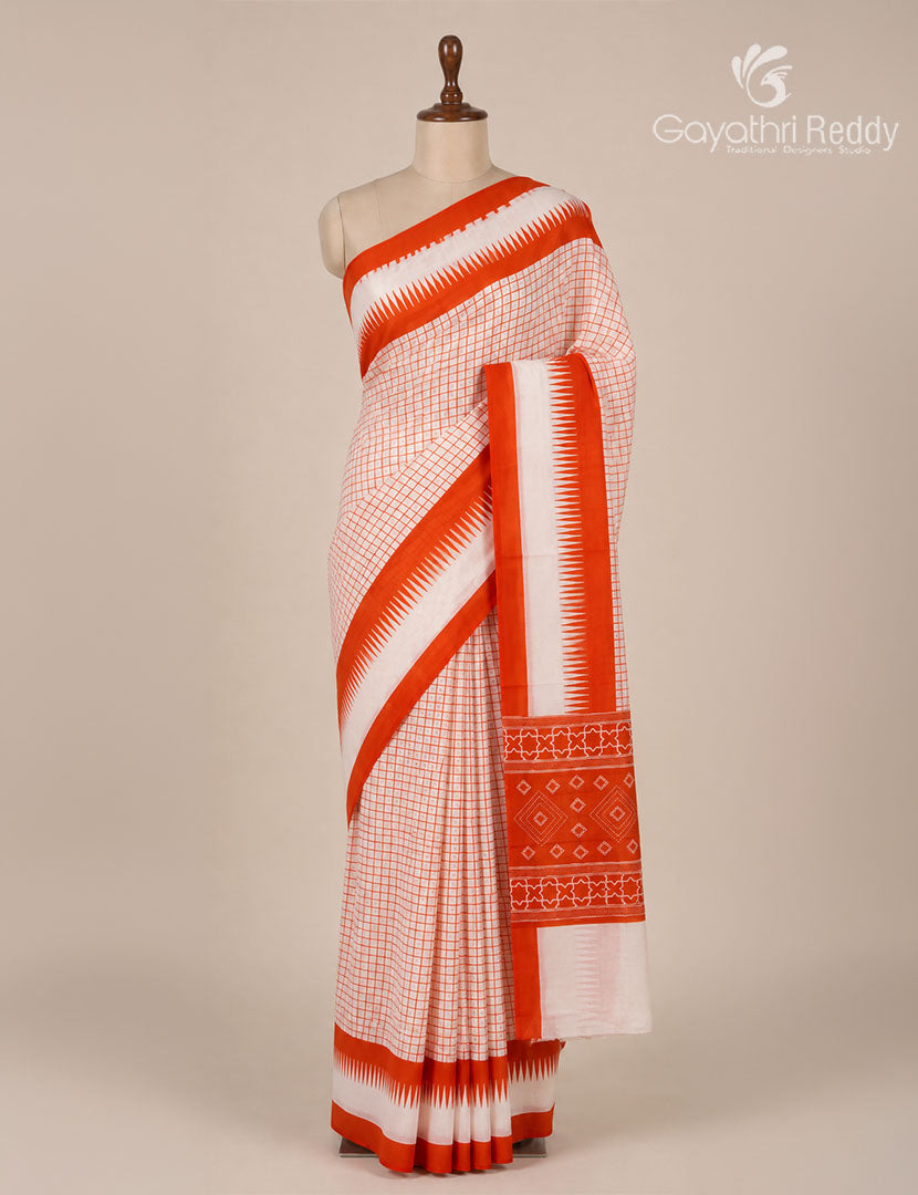 Pure MulMul Cotton Saree in Light Peach and Rust Orange