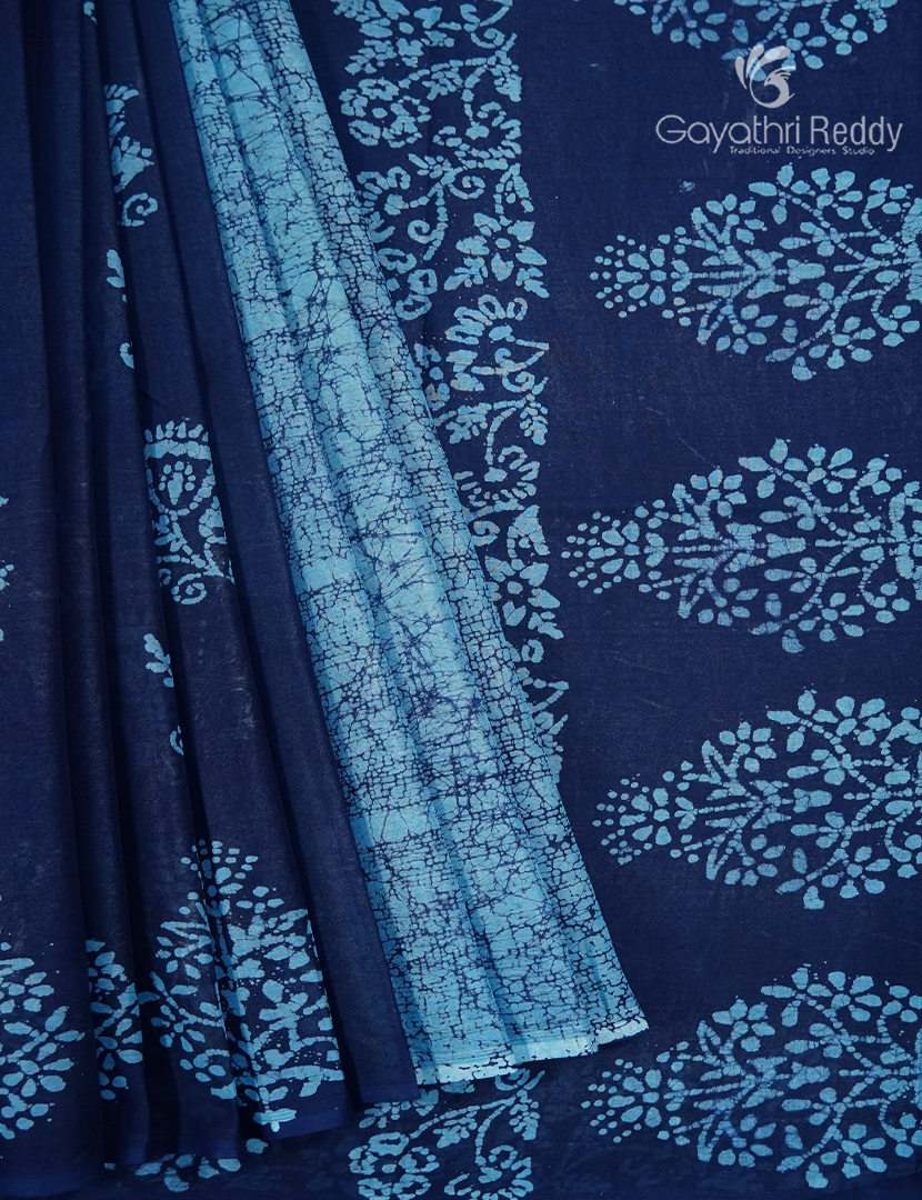 Cotton Batik Print Saree in Navy blue and Sky blue