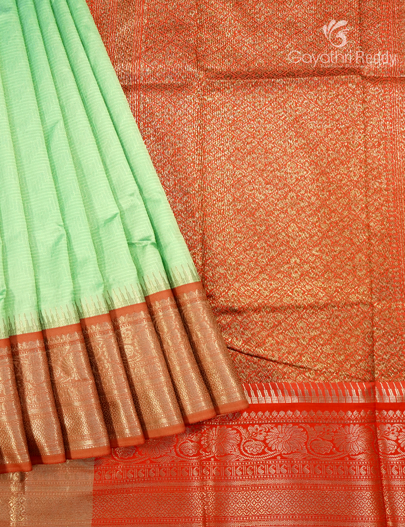 Semi Katan Silk Saree in Mint Green and Red