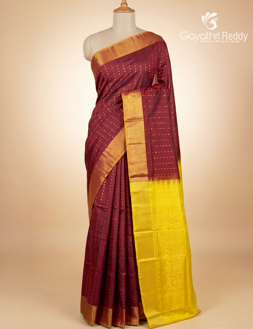 Pure Uppada Silk Saree in Deep Burgundy and Yellow