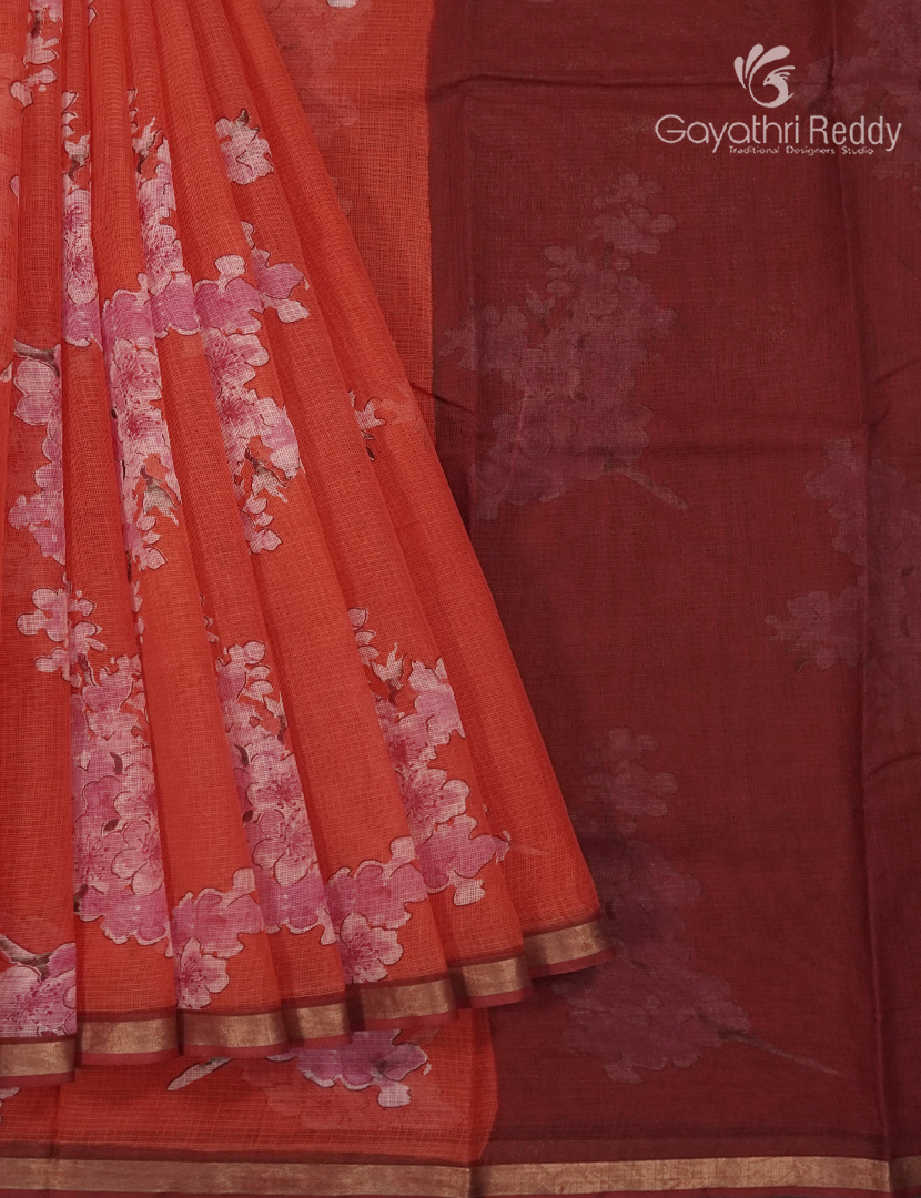 Premium Quality Cotton Kota Saree in Orange and Maroon