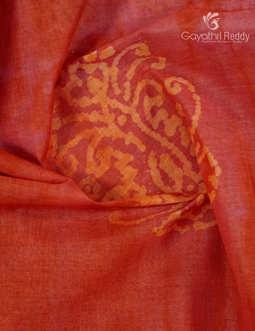 Cotton Batik Print Saree in Peach and Orange