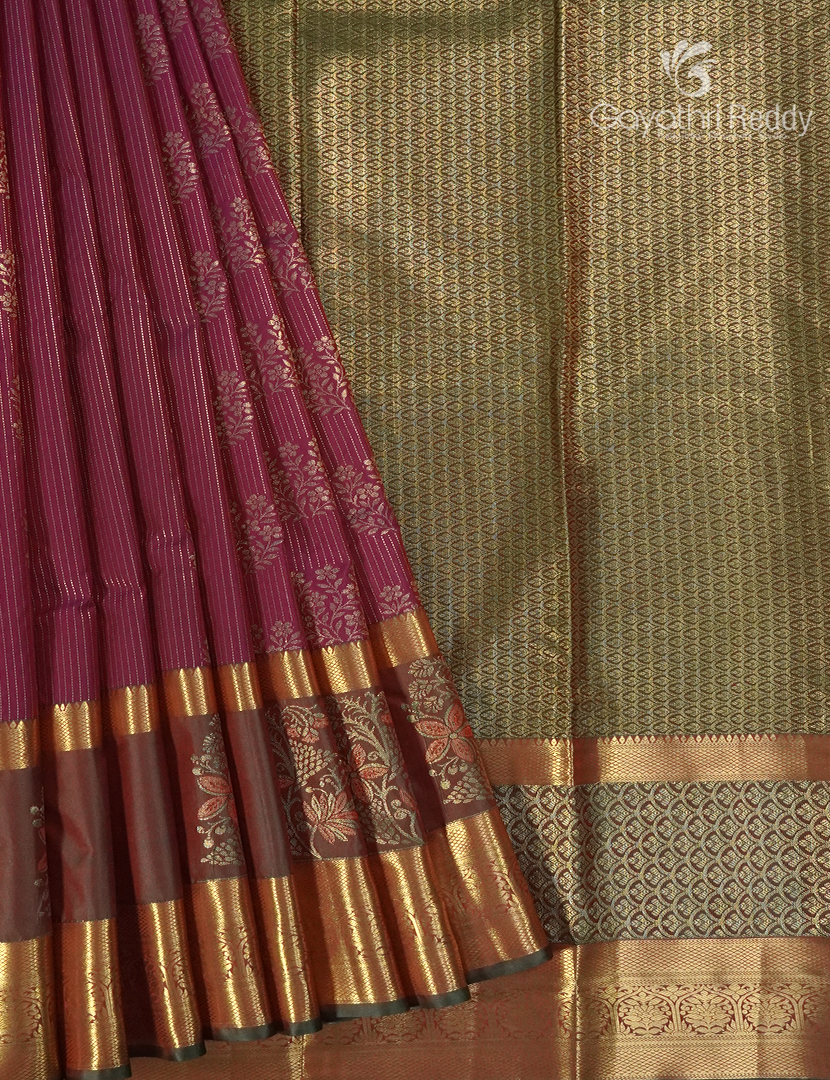 Semi Kanchipuram Silk Saree in Deep Maroon Red and Mehendi Green